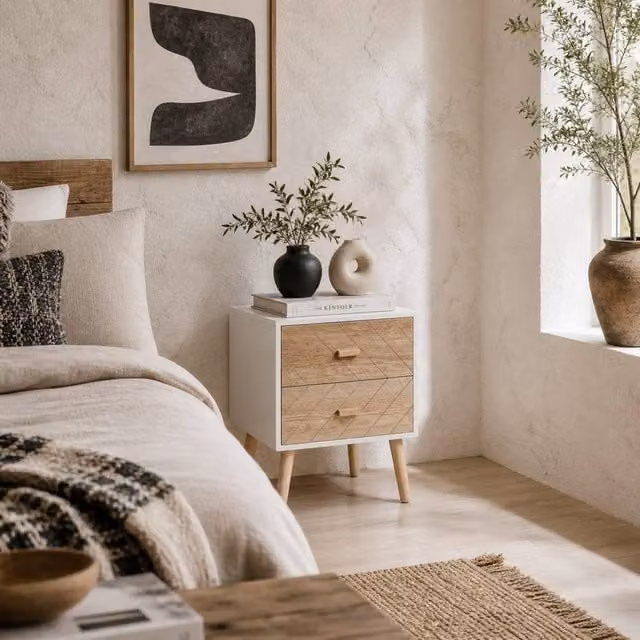 Wyld Haus Sutare 2 Drawer Bedside Table White and Natural Wood W/D/H: 30 x 30 x 55.5 cm