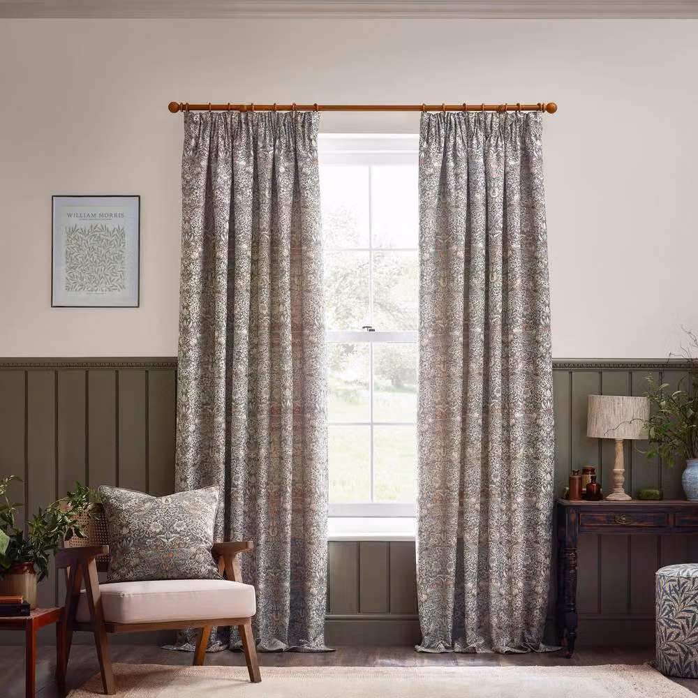 Morris & Co. Strawberry Thief Jacquard Floral Pencil Pleat Curtains, Beige, Width: 117 cm, Drop: 137 cm – 2