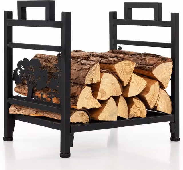 COSTWAY Decorative Metal Firewood Rack and Log Storage in Matt Black