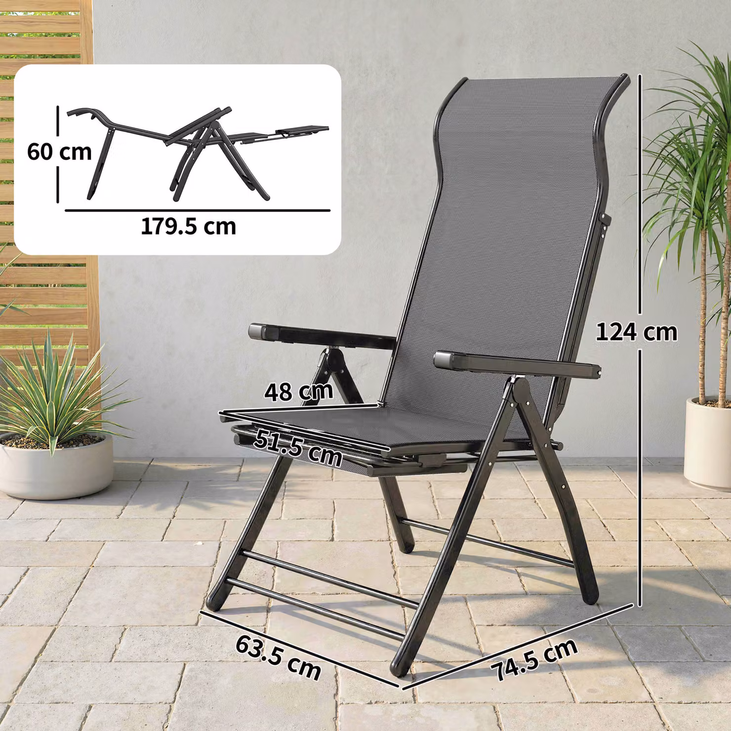 Outsunny Set of 2 Reclining Garden Chairs in Dark Grey with 5-Position Folding Sun Loungers, High Back, Retractable Footrest and Armrests – 3