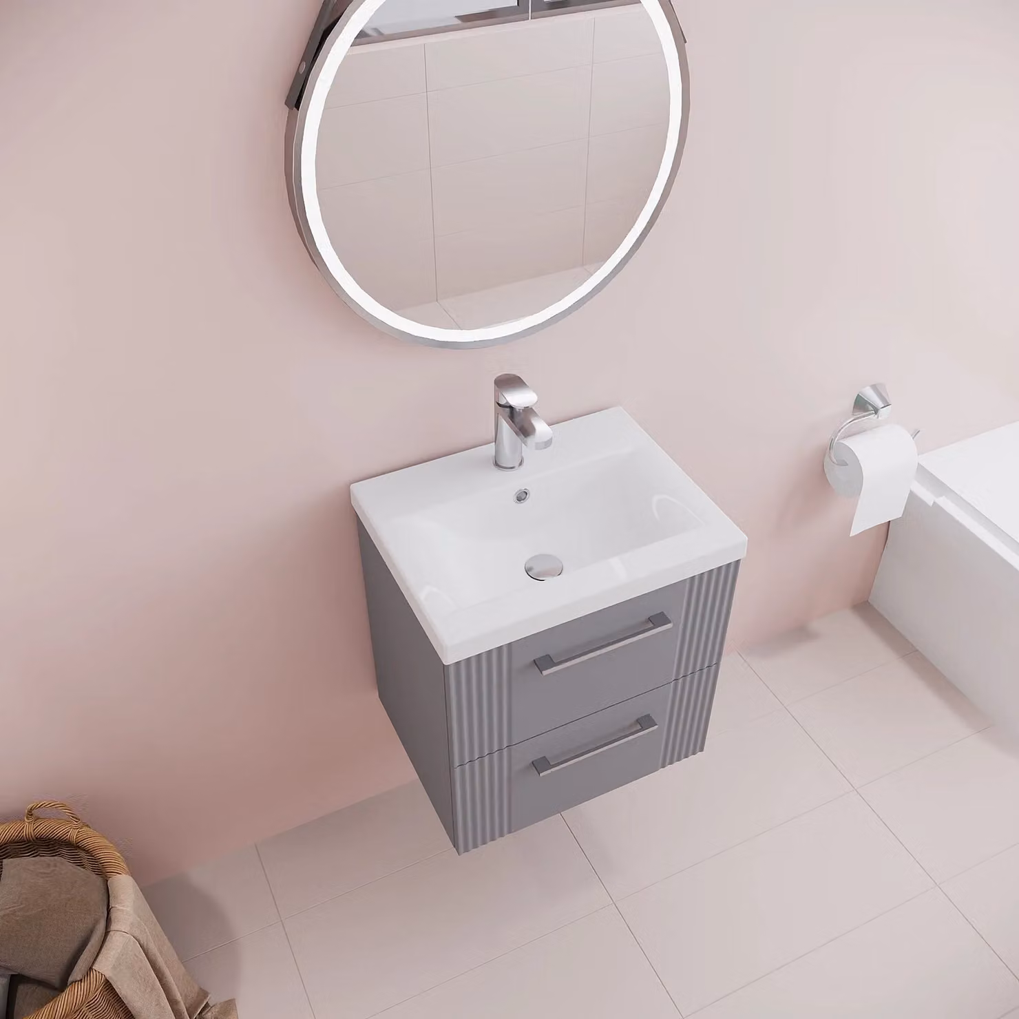 Balterley Wall Hung 2 Drawer Vanity Unit with Mid-Edge Basin, Satin Grey, Width: 50 cm – 3