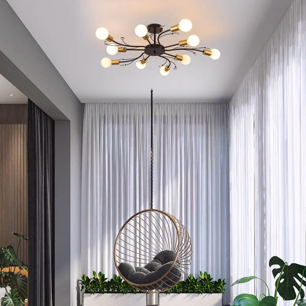 NIVOR Mid Century 10-Light Crystal Chandelier Flush Mount Ceiling Lamp in Black and Gold/Brass with E27 Bulbs – 3