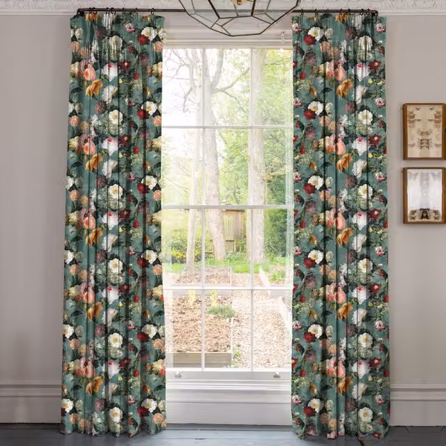 Linda Barker Florabunda Made To Measure Velvet Curtains in Verdigris Floral Design