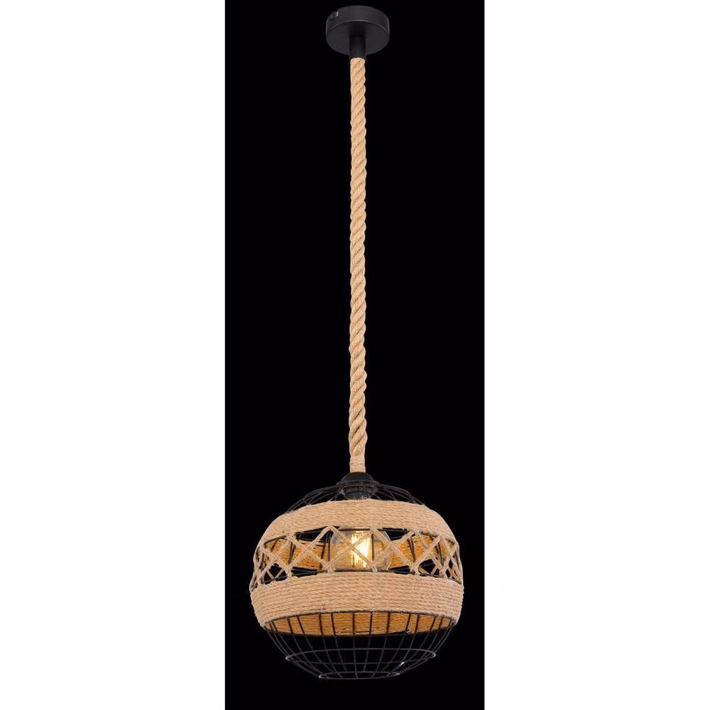 Netlighting Ulleu Industrial Sphere Pendant Ceiling Light in Black or Brown with Hemp Rope and Metal Construction, E27, Diameter: 30 cm – 6