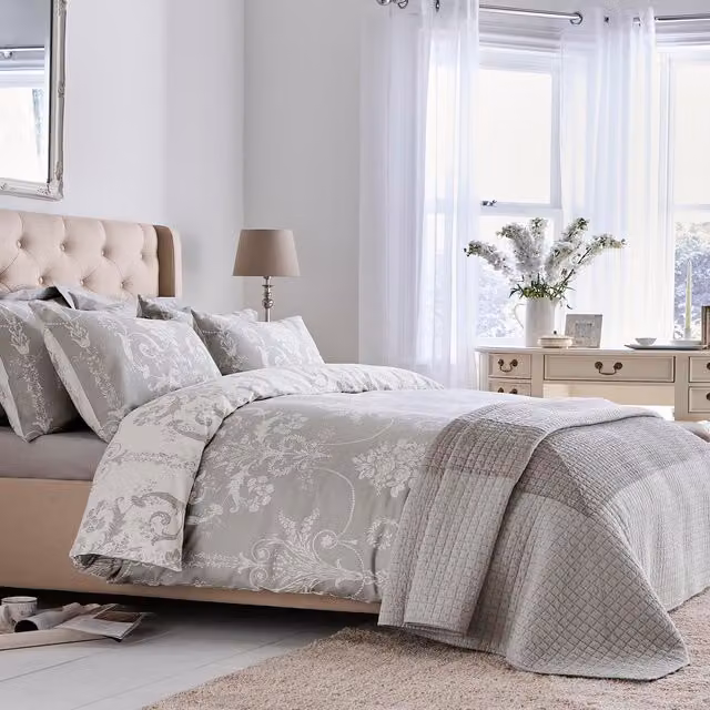 Laura Ashley Josette Reversible Floral Cotton Mako Satin Duvet Cover and Pillowcase Set in Dove Grey