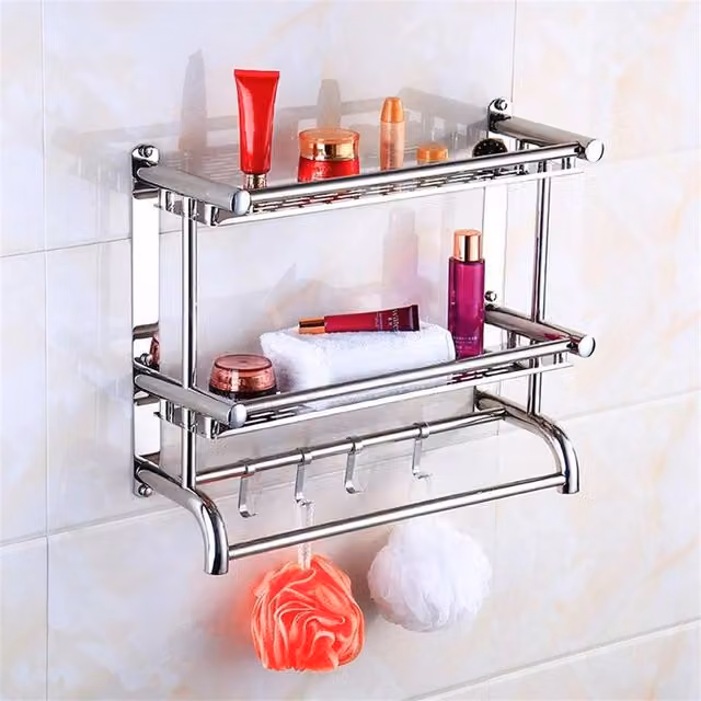 PAWNORA 2-Tier Wall Mounted Metal Bathroom Shower Shelf in Silver