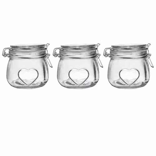 Nicola Spring Heart Shaped Glass Storage Jars with Airtight Clip Lids, 500ml, Pack of 3, Transparent