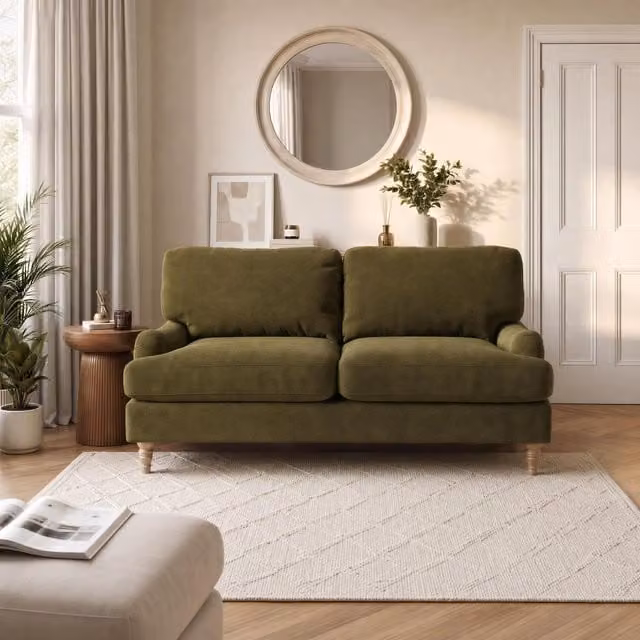 Furniturebox UK Bernie Green 2 Seater Chenille Fabric Sofa in Blue and Green with Walnut Wood Frame