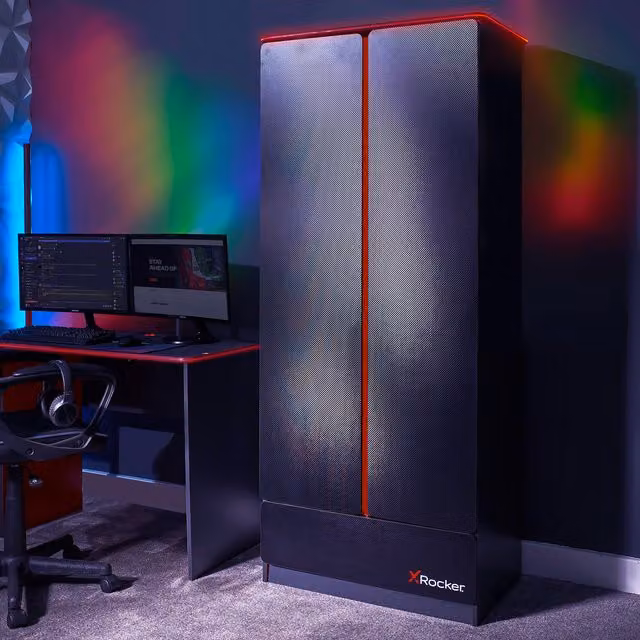 X Rocker Carbon-Tek 2 Door Wardrobe with Drawer and Integrated LED Lighting in Grey and Red