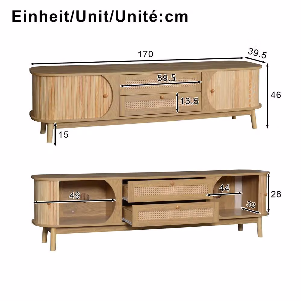 Merax Rattan TV Cabinet with Sliding Doors and Drawers in Sand Beige – 3
