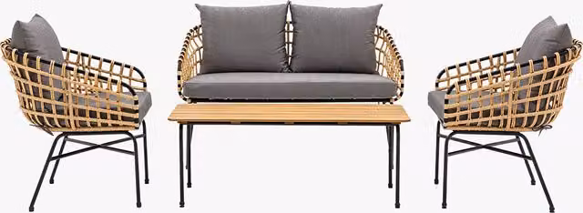 Perch & Parrow Oasis Outdoor Lounge Set with 2-Seater Sofa, Armchair and Cushions in Black and Grey Polyrattan