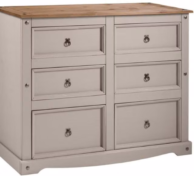 Mercers Furniture Corona 6 Drawer Wide Chest of Drawers in Distressed Grey Waxed Pine, W/D/H: 133 x 48 x 103 cm