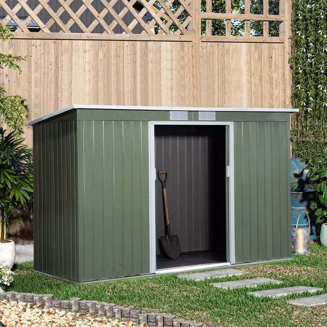 Outsunny Green Metal Garden Storage Shed with Double Doors and Window, W/D/H: 274.32 x 121.92 x 158 cm