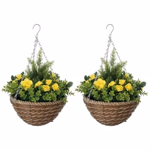 Outsunny Pack of 2 Yellow Lisianthus Hanging Baskets with Realistic PE Rattan Flowers – 1