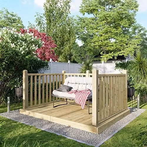 Powersheds Premium Wooden Decking Kit with Hand Rails on Three Sides, Brown