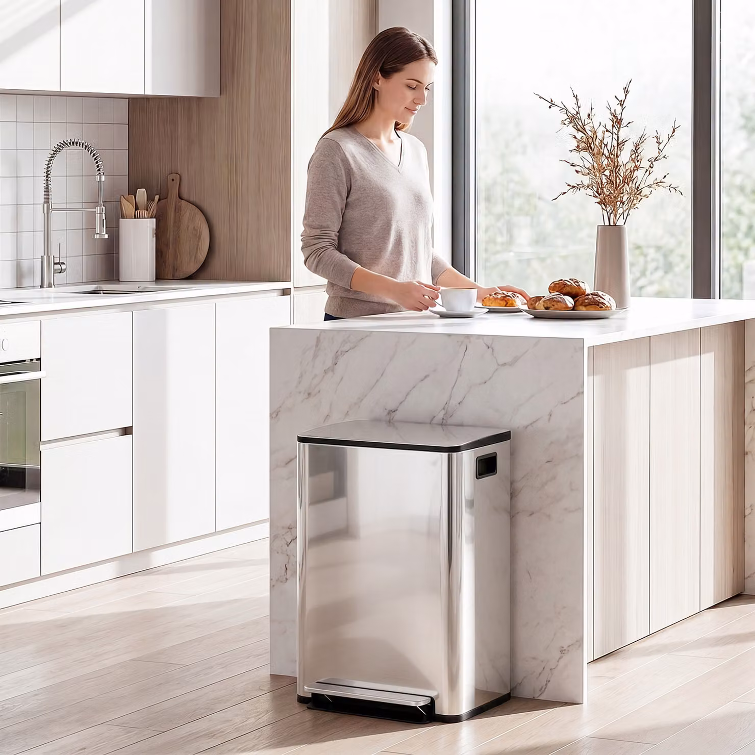 HOMCOM 60L Dual Compartment Stainless Steel Pedal Bin with Deodoriser Holders in Silver – 2