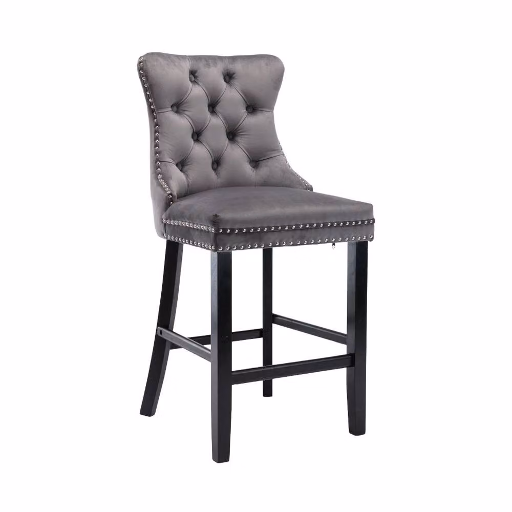 Modern Home Touch Romsey Set of 6 Grey Velvet Kitchen Breakfast Barstools with Oak Wood Legs and Knocker Ring Back – 5