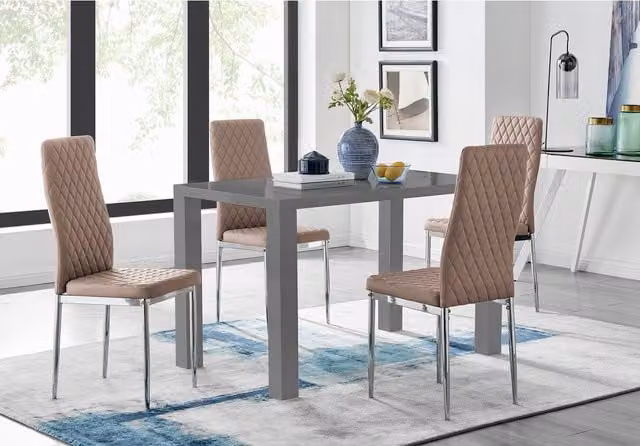 FurnitureboxUK Pivero Grey High Gloss Rectangular Dining Table and 4 Modern Milan Chairs Set in Cappuccino