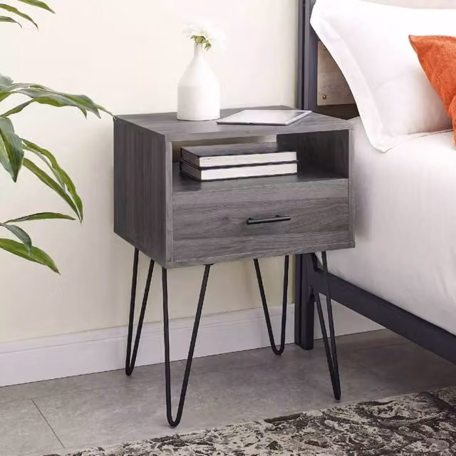 EONLION Modern Single Drawer Wood Night Stand in Dark Grey