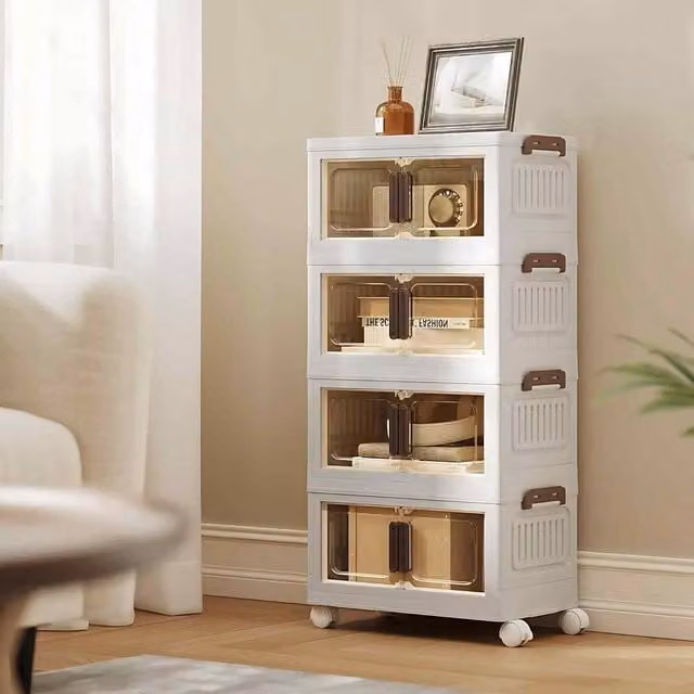 The Bazaarist Modern 4 Tier Freestanding Storage Cabinet with Glass Hinged Doors and Wheels, White