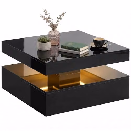 HOMCOM Modern High Gloss Black LED Coffee Table with 2-Tier Storage and Lift Mechanism