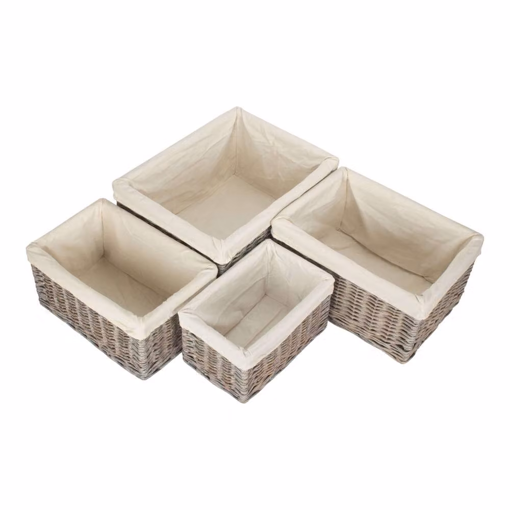 Red Hamper Set of 4 Grey Wash Willow Storage Baskets with White Cotton Lined Removable Bags and Handles – 2