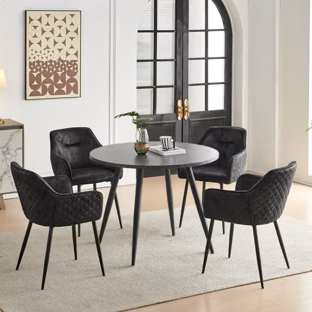 SONARA Black Marble Round Dining Table and 4 Faux Suede Dining Chairs Set – 1