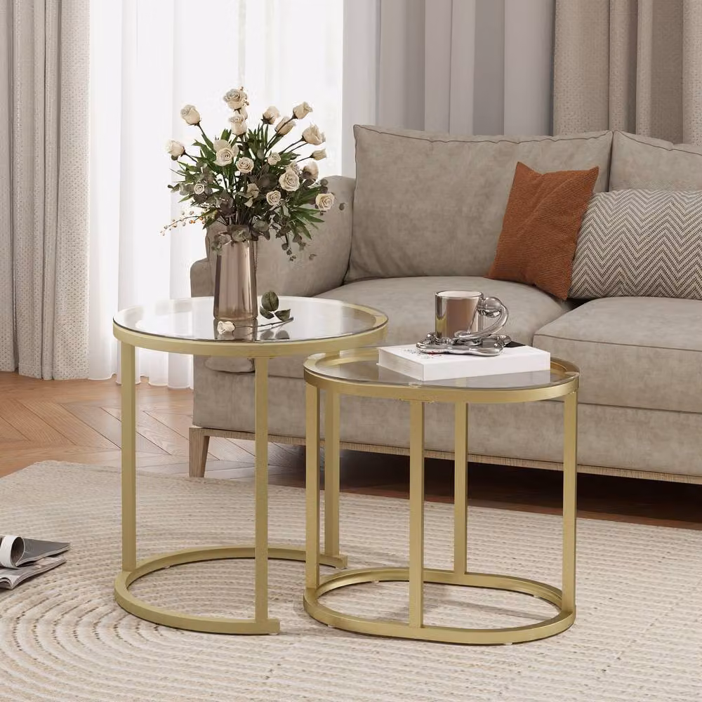 STILVORA Nest of Tables with Round Tempered Glass Tops and Gold Steel Frame – 2