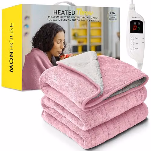 MONHOUSE Pink Sherpa Heated Electric Throw Blanket with 9 Heat Settings and Timer, W/D/H: 130 x 160 cm