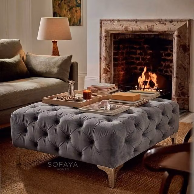 Sofaya Monaco Chesterfield Velvet Foot Stool and Coffee Table in Grey, W: 100 cm, D: 80 cm, H: 80 cm