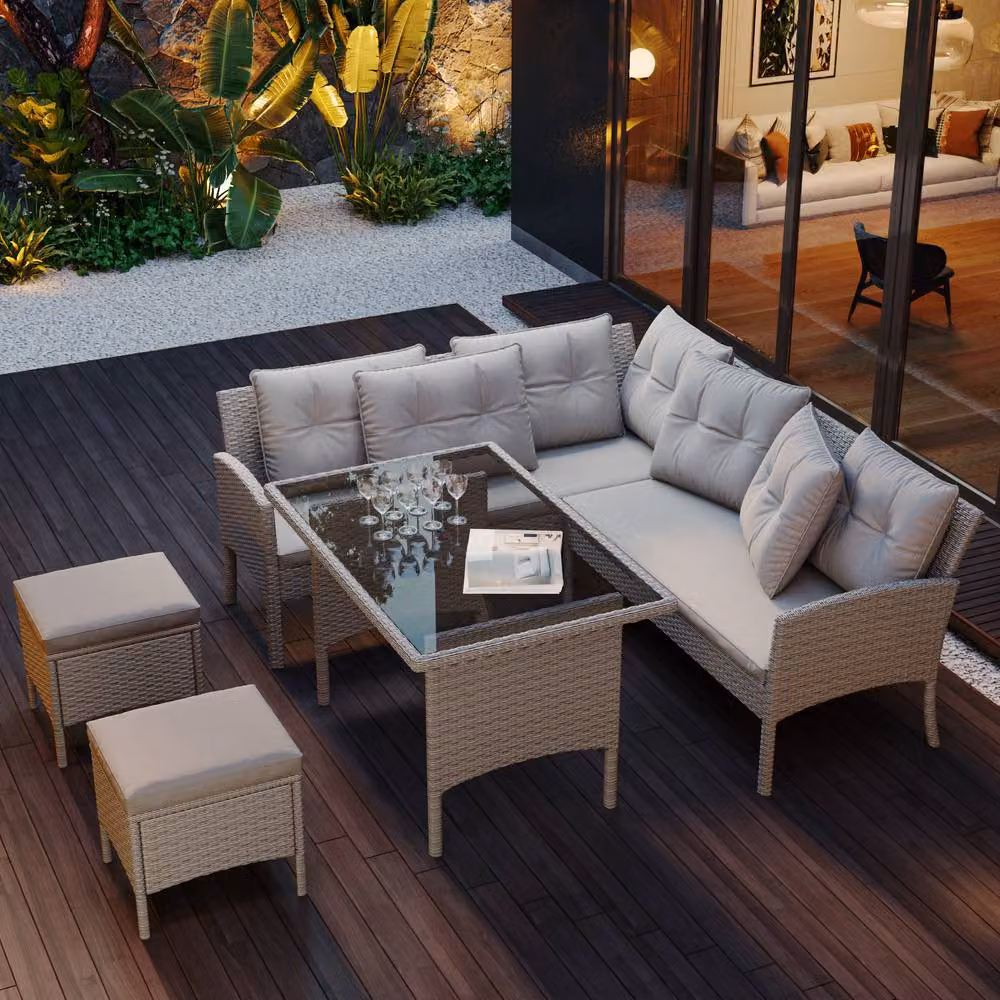 Merax 6-7 Seater Rattan Garden Corner Sofa Set with Table and 2 Stools in Beige – 3
