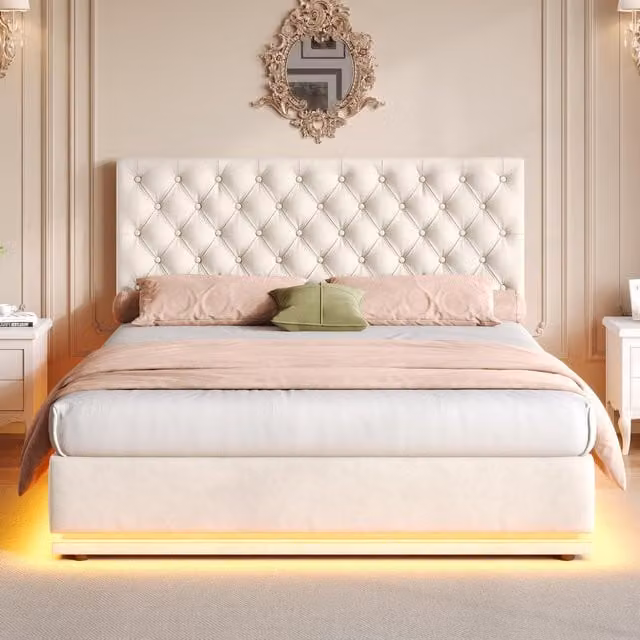 Aosom.UK Beige Velvet Ottoman Double Bed with Adjustable Headboard, LED Lighting and Hydraulic Storage, W/D/H: 142 x 195 x 102-112 cm – 1