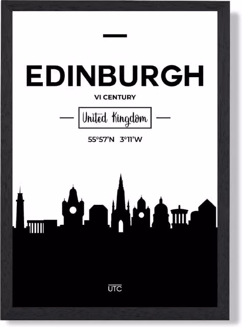 ARTZE Edinburgh Black and White City Skyline Framed Print in Black Frame, A4 – 1