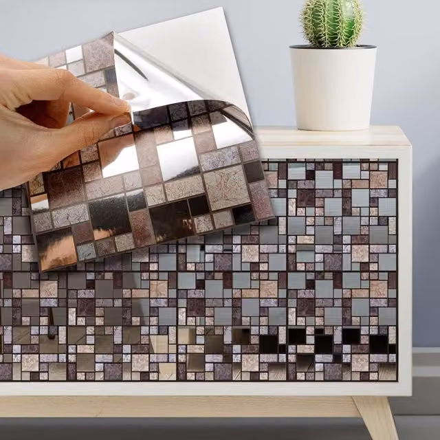 Walplus Metallic Wall Tile Stickers in Brown and Silver Stone Look Mosaic Decor