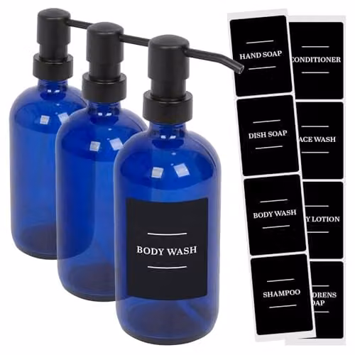 Harbour Housewares Pack of 3 Blue Glass Refillable Soap Dispensers with Pumps and Black Labels, 500ml – 1