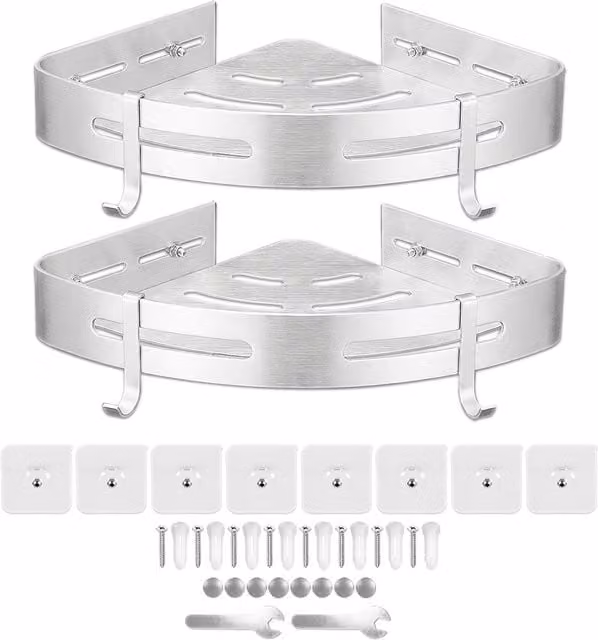 SPARES2GO Wall Mounted Aluminium Corner Shelf Storage Rack in Silver