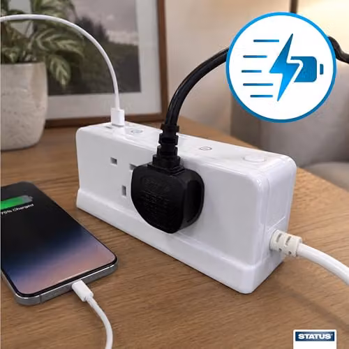 Status 4-Socket Extension Lead with 2 USB Ports and On-Off Switch, White – 3