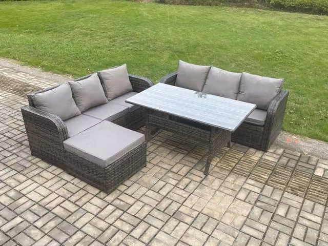 Fimous 4 Piece Rattan Garden Furniture Set with Oblong Dining Table and Big Footstool in Dark Grey Mixed