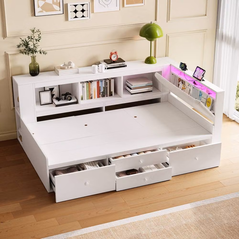 Merax Single Cabin Bed in White with LED Lighting, USB Charging Port and Fabric Headboard, W/D/H: 90 x 190 x 220 cm – 2