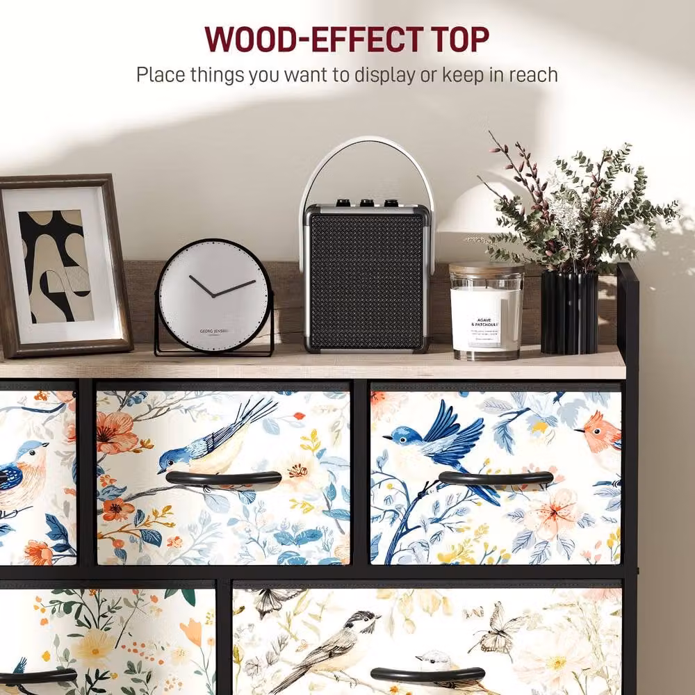 HOMCOM Multicolour Floral Fabric Chest of Drawers with Open Shelf – 5