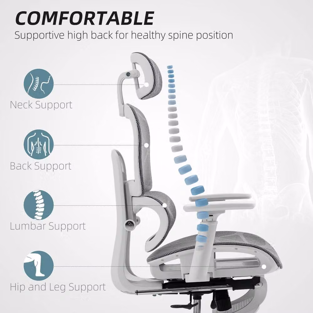Rolipo Ergonomic Grey Mesh Office Chair with Headrest and Adjustable Seat Depth – 3