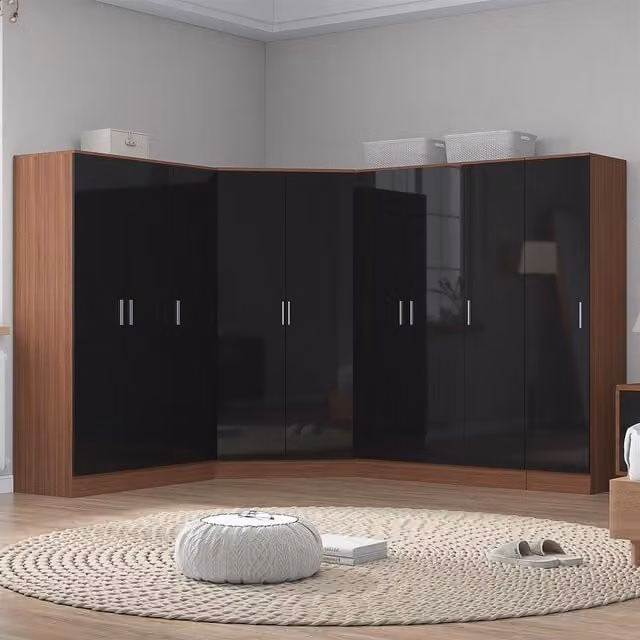 REFLECT Wardrobe Bundle in Black Gloss and Matt Walnut, including Corner, Two 3-Door and One 1-Door Wardrobes