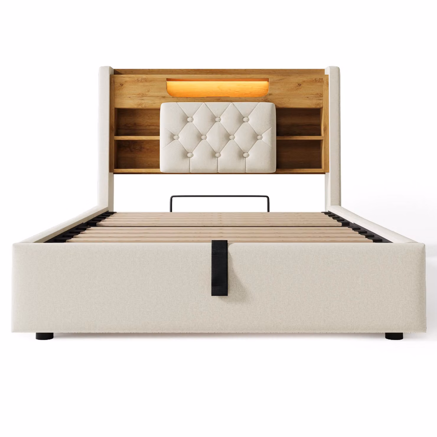Aosom UK Upholstered Double Bed Frame with Hydraulic Storage and LED Lighting, Beige, W/D/H: 143 x 213 x 115 cm – 2