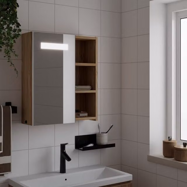 Berkfield Home Oak Bathroom Mirror Cabinet with LED Light, Brown, W/D/H: 45 x 13 x 52 cm – 1