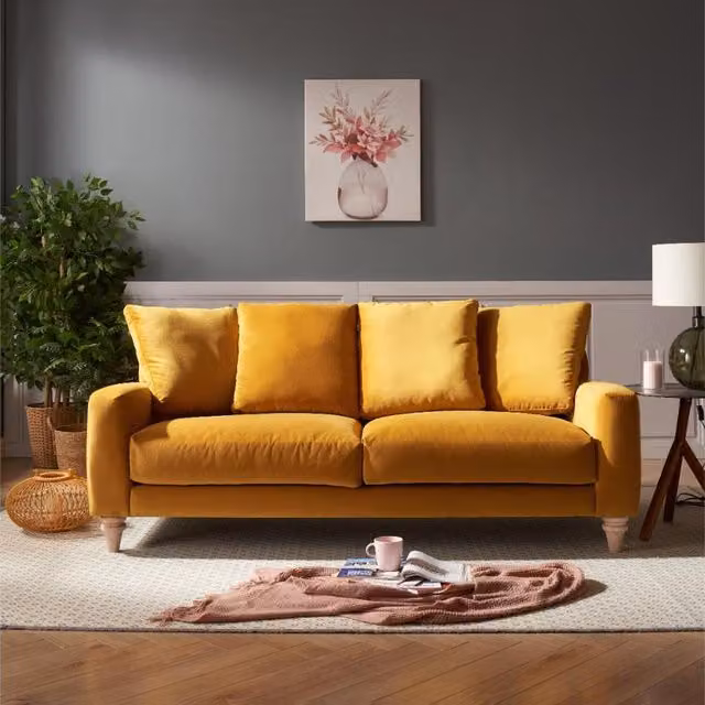 GRS Grove 3-Seater Sofa in Mustard Yellow Velvet with Feather Filled Scatter Cushions