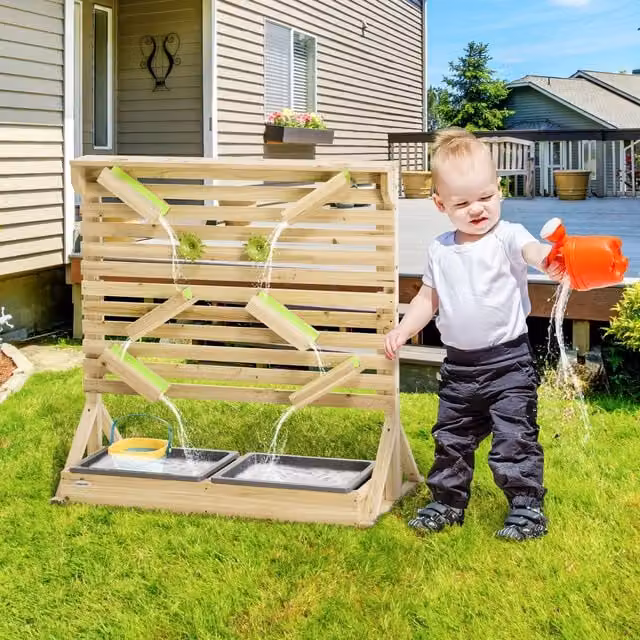 Outsunny Brown Wooden Sand and Water Play Table for Kids