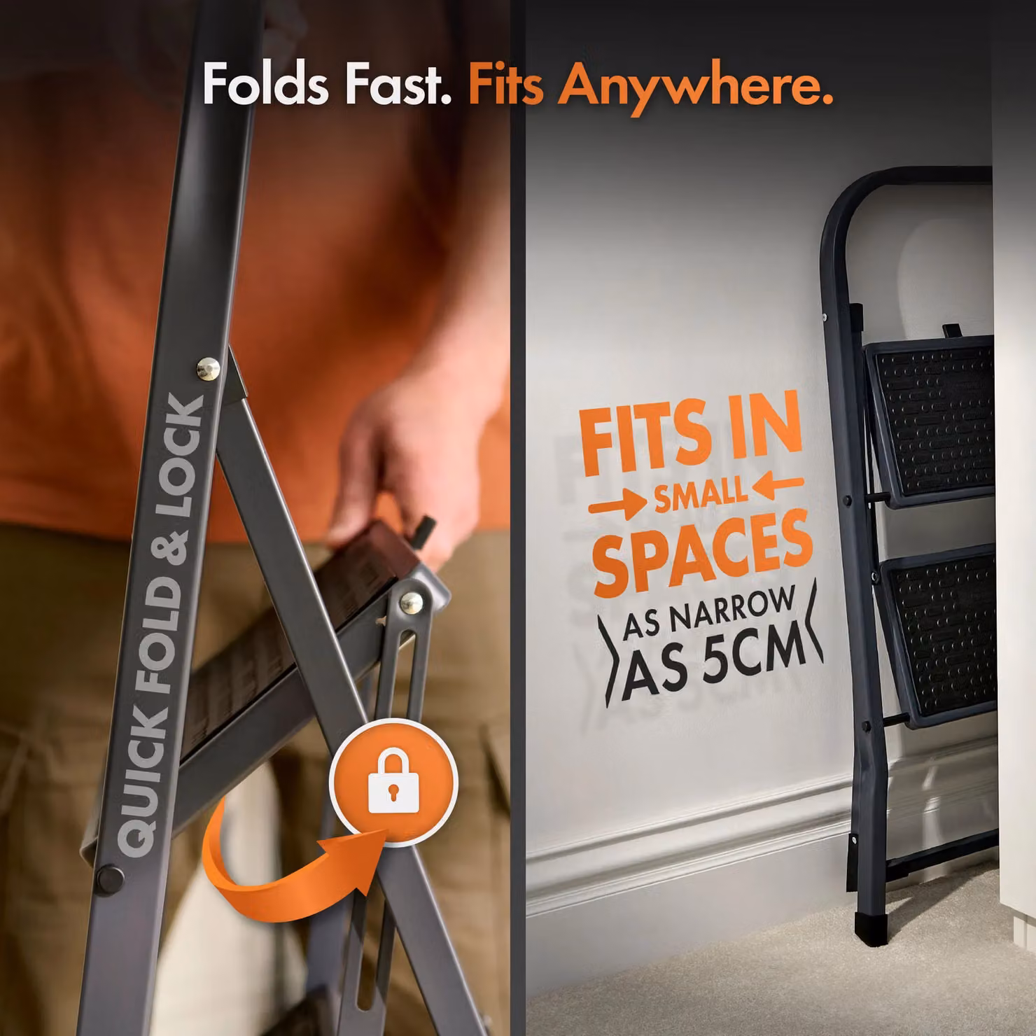 VonHaus 2 Step Steel Folding Ladder in Grey with 150kg Max Capacity and Anti-Slip Rubber Feet – 3