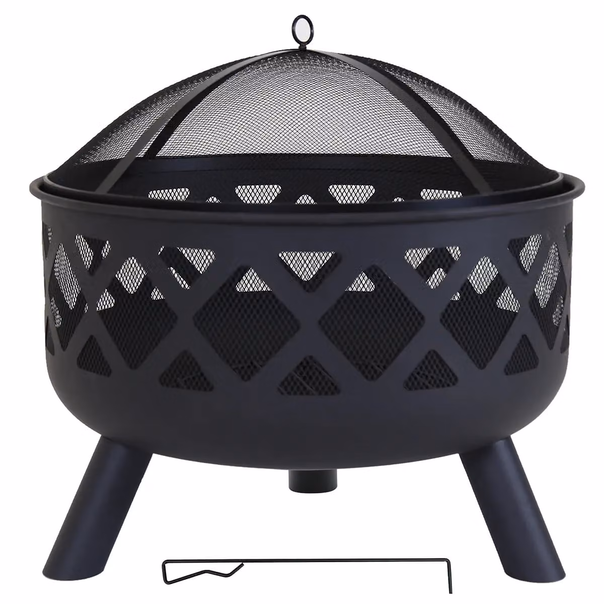 Charles Bentley Round Black Steel Fire Pit with Lattice Design and Mesh Cover, W: 61 cm, D: 58 cm – 2