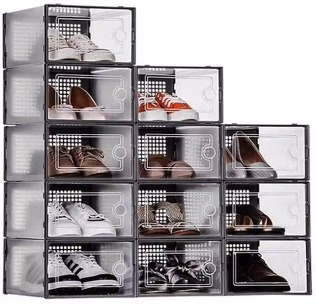 NESTLUNE 12 Pack Stackable and Foldable Durable Plastic Shoe Boxes in Transparent