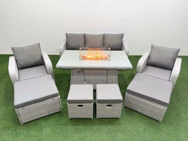 Fimous 9 Seater Rattan Lounge Sofa Set with Metal and Glass in Light Grey